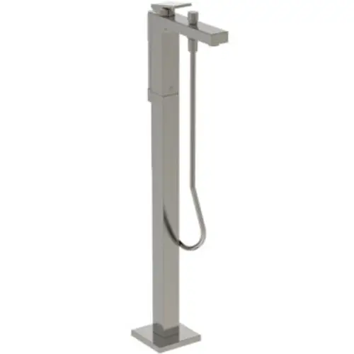 Freistehender Waschbeckenarmatur von Ideal Standard in Silberdesign mit einem schlanken, rechteckigen Korpus und einem leicht gebogenen Auslauf.
